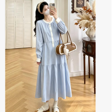 批发实拍現<b class='q'>秋</b>季新款法式蓝色休闲条纹长裙泡泡袖温柔拚色孕妇连衣裙