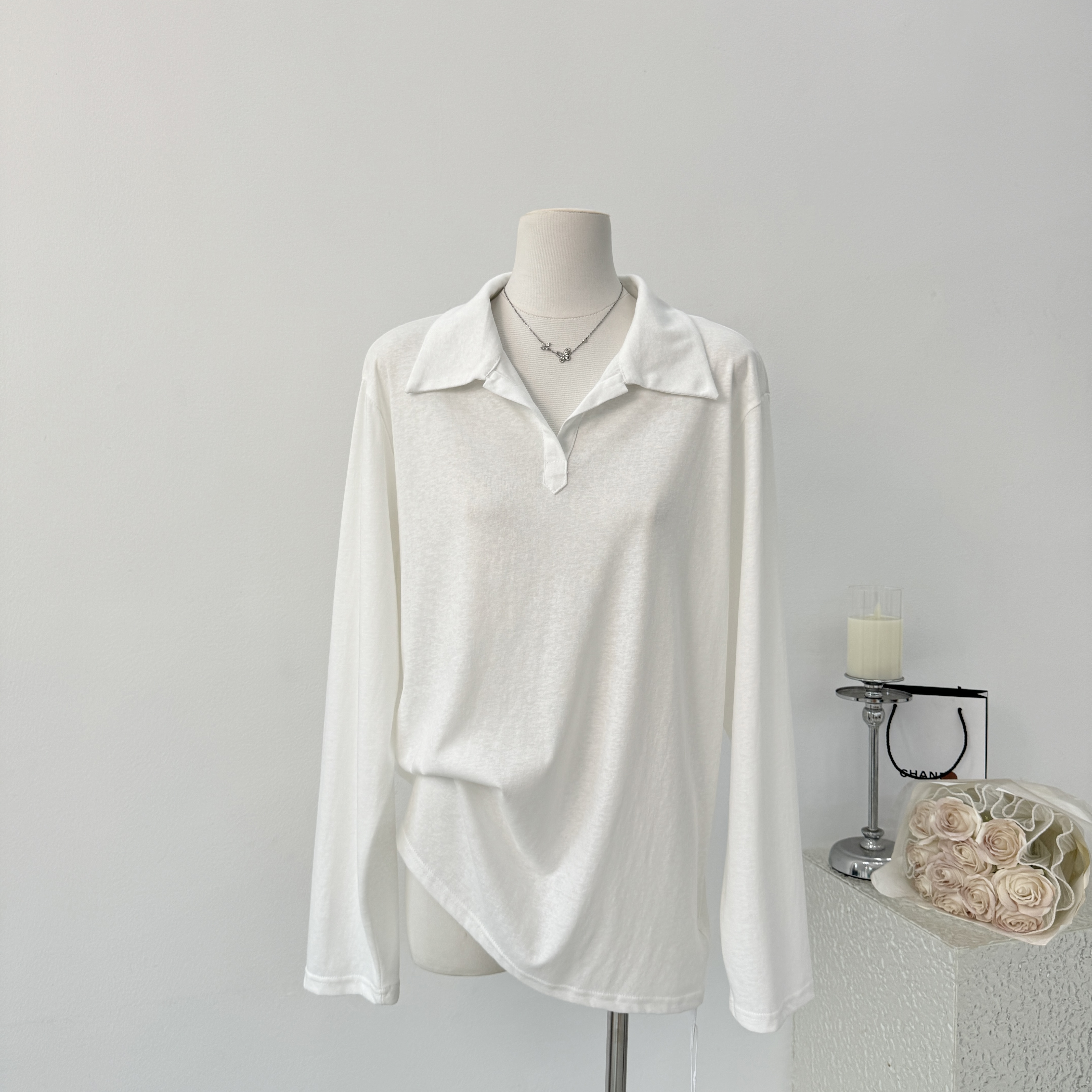 한 비 지아 인생 화이트 polo t 화이트 캐주얼 긴팔 티셔츠 여성 가을 루즈핏 폴로 칼라 POLO 셔츠 맨위