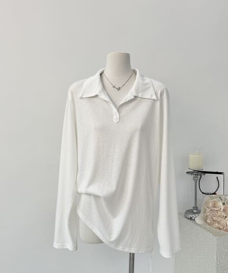 한 비 지아 인생 화이트 polo t 화이트 캐주얼 긴팔 티셔츠 여성 가을 루즈핏 폴로 칼라 POLO 셔츠 맨위