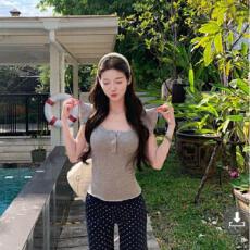 批发来财小马双层木耳边<b class='q'>小</b>飞袖天丝t恤百搭上衣显瘦直筒波点裤两件套