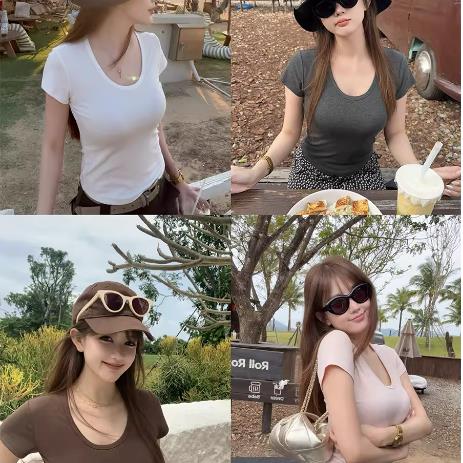 루오 여성 딱 알맞다 ~ 중 이슬 피부 학위 슬림해 보이는 친구 좋은 어깨 반팔 tee 여름 기초 티셔츠 맨위