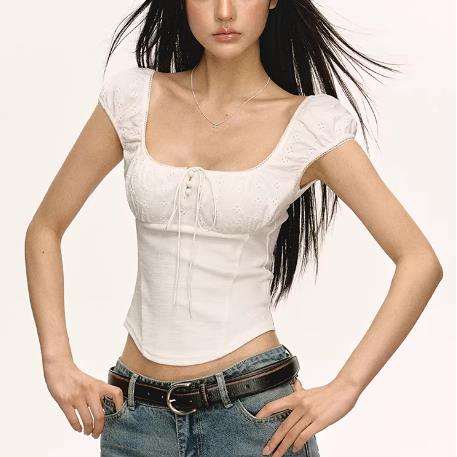 ariseism 아메리칸 핫걸 몸매 가꾸기 디자인 센스 광장 칼라 반팔 티셔츠 여성 여름 쇼트 스타일 거품 소매 맨위