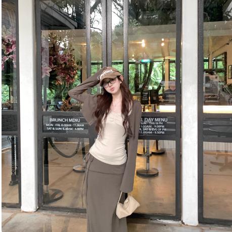 1개 다곤 1z1zgun chill 센스 종이 사람들 행침 목 슬립 짧은 오픈 가디건 몸매 가꾸기 슬림해 보이는 반신 치마 세트