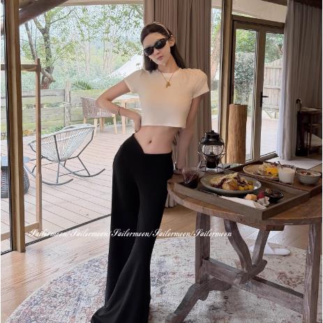 f project 진짜 착용 지배 오리지널 펌프 Pleat v 허리 긴 바지 느긋한 도루 센스 요가 부츠컷 캐주얼 바지 여성