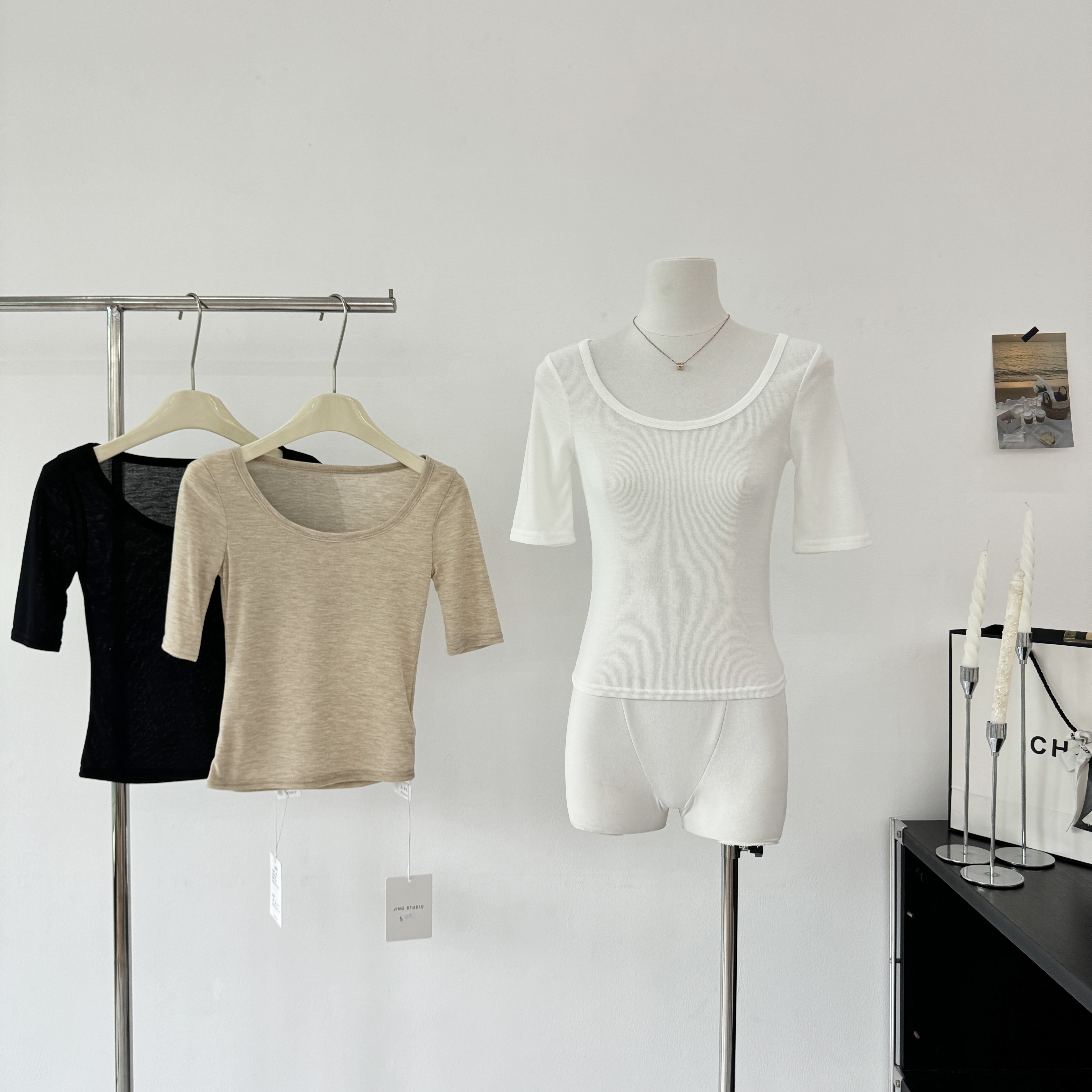 e go studio 주간 실크 양모 대 u 칼라 슬림해 보이는 다용도 중간 소매 티셔츠 여성 의류 몸매 가꾸기 슬림해 보이는 다용도 맨위