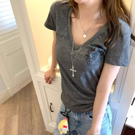 구멍 사실 귀 찮 나 마이애미 열파 아메리칸 V넥 반팔 긍정적 인 어깨 티셔츠 여성 여름 몸매 가꾸기 프린트 맨위