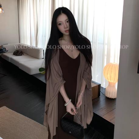 yolo shop 지능 아름다움 성분 상단 상단 주간 실크 전후 둘 착용 여성 드레스 여름 분위기 센스 오픈 가디건