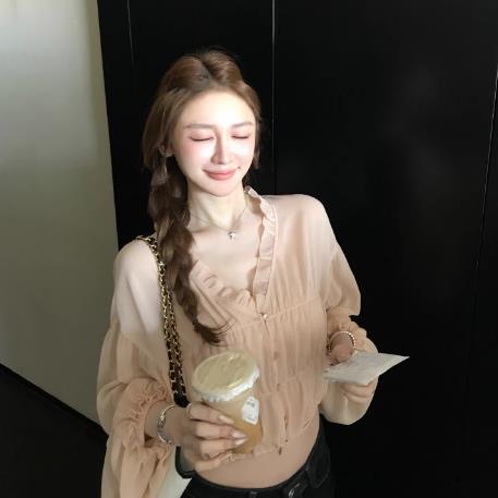 skk store Romantik 작은 셔츠 쉬폰 주름 셔츠 마이크로 ~을 통해 블라우스 첨부 된 230g 두꺼운 모달 튜브탑