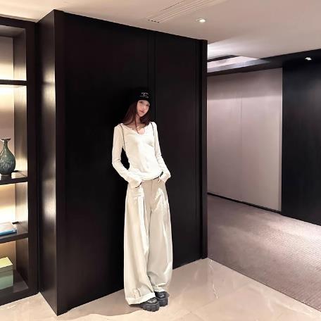 goo goo eyes 접기 측면 와이드 레그 팬츠 순면 플리츠 루즈핏 정장 바지 도루 센스 바닥 청소 바지