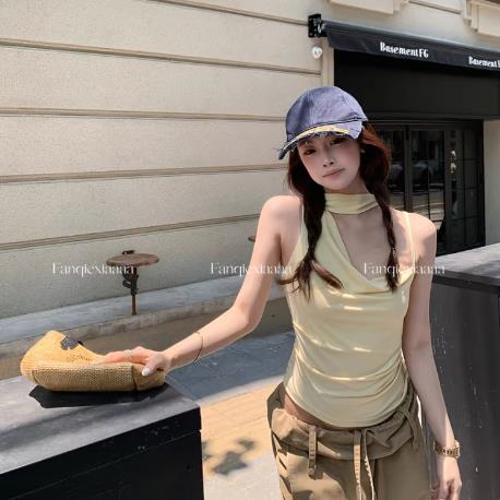 토마토 남자 jennie vibe 주간 실크 비대칭 비스듬한 어깨 슬립 맨위 여성 여름 흔들다 칼라 리본 몸매 가꾸기 조끼