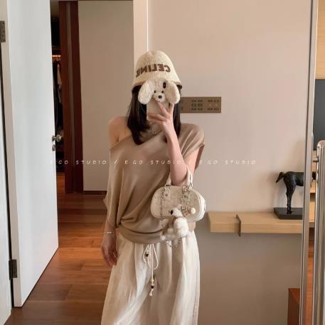 e go studio 100 일 실크 얼음 센스 실크 미끄러짐 흔들다 칼라 수 있습니다. 비스듬한 어깨 오프숄더 오래된 돈 느슨함 센스 모직물 티셔츠