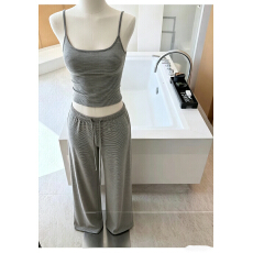 批发Laareetoo <b class='q'>条纹</b>吊带背心女夏季短款打底上衣显瘦直筒休闲裤套装