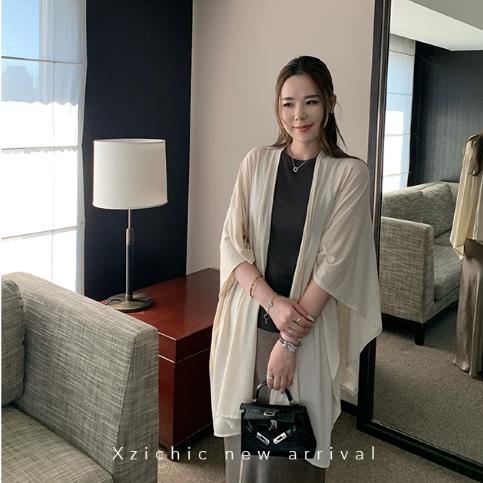 xzichic 느긋한 여신 라미 니트 오픈 가디건 여성 불규칙 외부 가져 가라. 대 숄 얇은 코트 여름 맨위