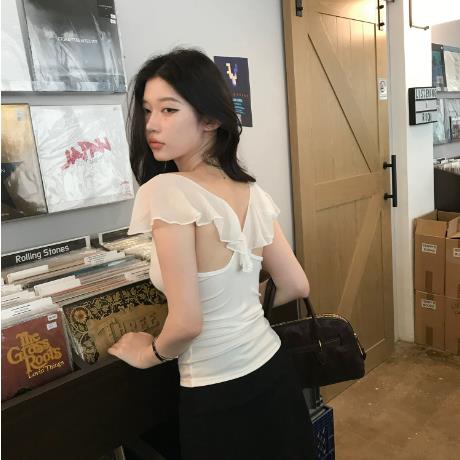 sheepland 빛 산소 프라임 연 t 주간 실크 흔들다 칼라 반팔 티셔츠 여성 여름 허리 수축 디스플레이 얇고 작은 날다 소매 맨위