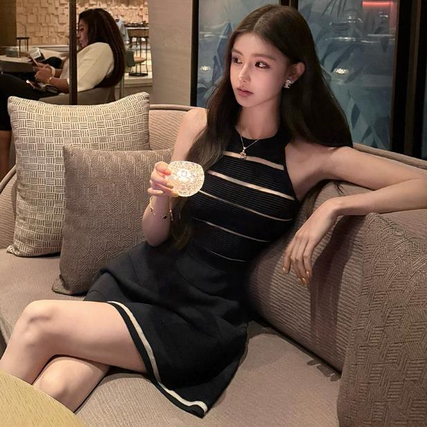 okmashop 장 원 영어 같은 단락 민소매 여성 드레스 여름 고급 센스 품격 홀로우 아웃 허리 수축 치마
