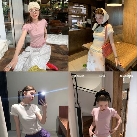 le rouge 주 아름다움 소금 부서 부드러운 자매 주간 실크 양모 목이버섯 레이스 라운드 넥 긍정적 인 어깨 t 반팔 티셔츠 맨위