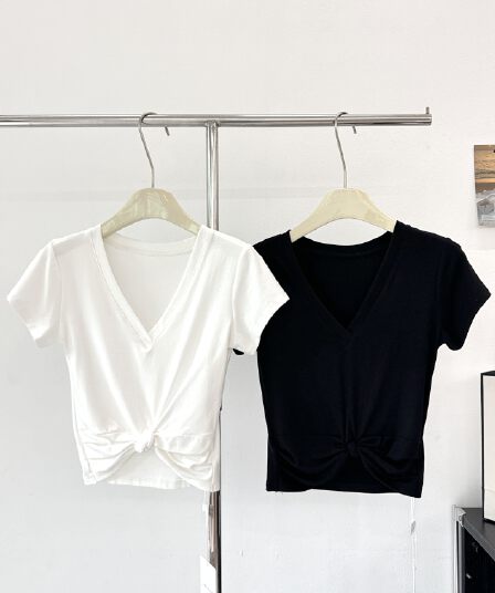 e go studio 모달 면 매듭이 달린 디자인 V넥 쇼트 스타일 다용도 면 t 여성 고유 한 작은 대중 반팔 맨위