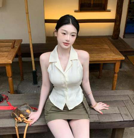 fart shop 천천히 럭셔리 멜로디 살구 색상 POLO 칼라 민소매 베스트 여성 셔츠 봄 여름 몸매 가꾸기 맨위