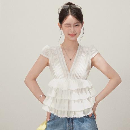 감사합니다. 아니요 고기 V넥 프릴 반팔 티셔츠 여성 여름 한 부서 패치워크 레이스 레이스 디자인 센스 화이트 맨위
