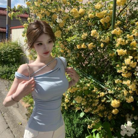 jmshop 심장 마비 커브 비스듬한 어깨 칼라 깨진 Pleat 허리 수축 트임 반팔 티셔츠 여성 여름 순수한 욕망 오프숄더 맨위