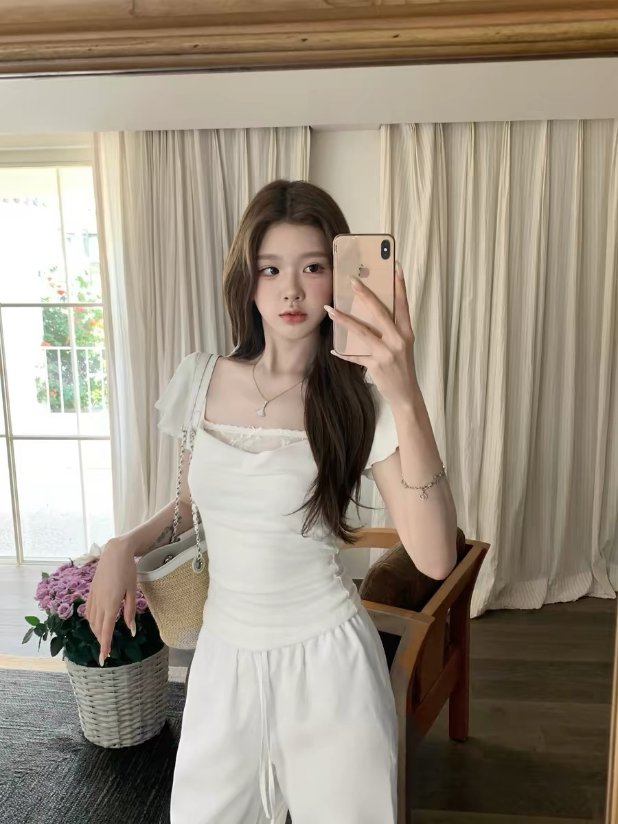 설탕 큐브 레이스 부드러운 작은 흰색 꽃 흔들다 칼라 주간 실크 모달 반팔 티셔츠