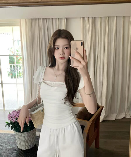 설탕 큐브 레이스 부드러운 작은 흰색 꽃 흔들다 칼라 주간 실크 모달 반팔 티셔츠