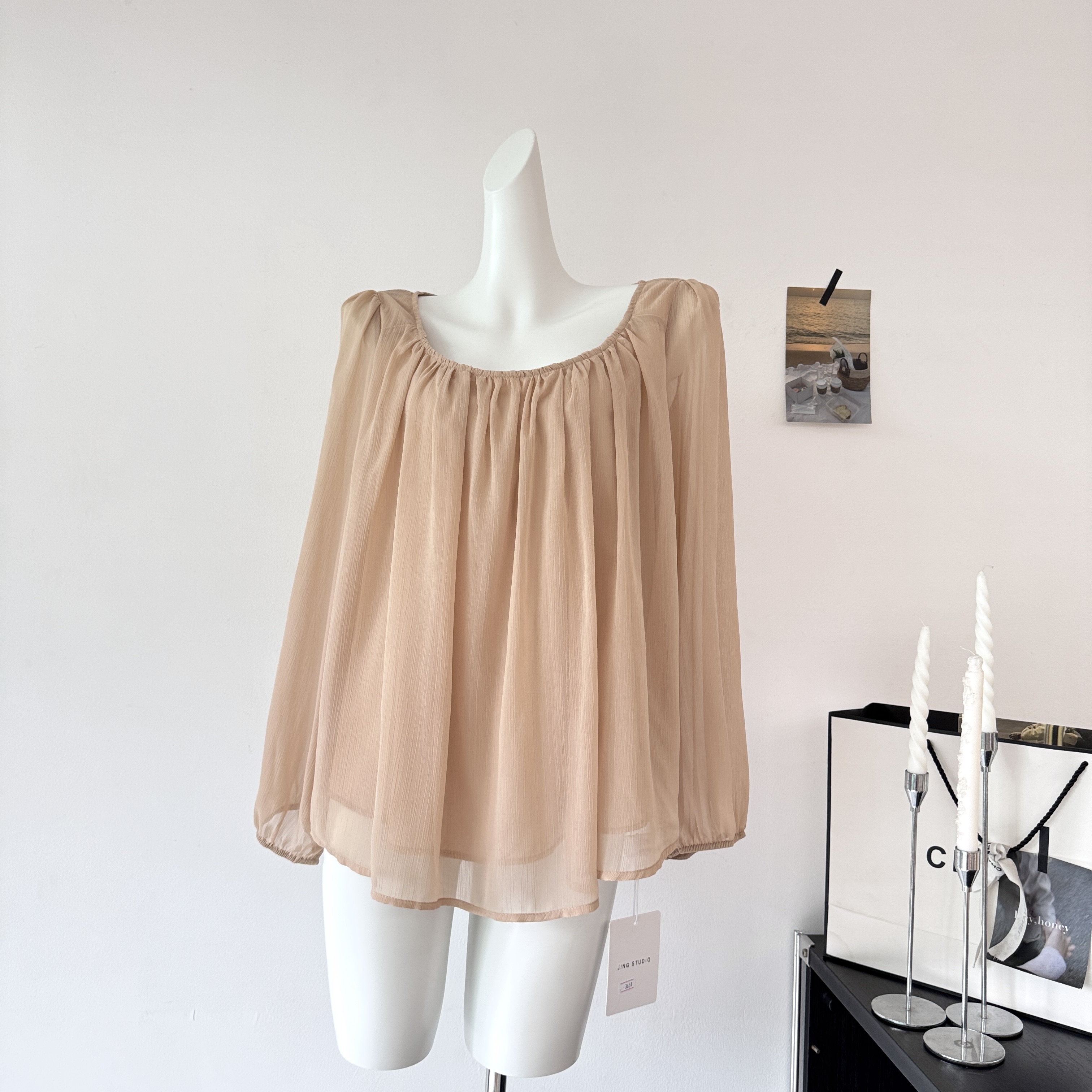gakee official 프랑스식 벌룬 소매 시폰 셔츠 여성 봄 여름 와이드 밑단 핀치 Pleat 마이크로 ~을 통해 패키지 어깨 셔츠