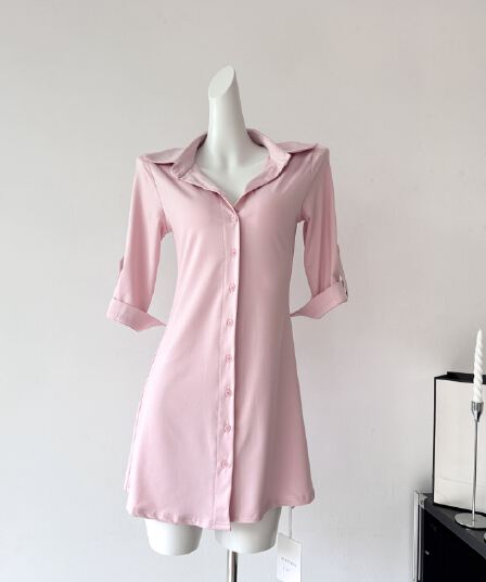 흔들어서 톤 yangzifan 부드러운 핑크색 POLO 칼라 몸매 가꾸기 나팔 소매 여성 드레스 여름 미니 스커트