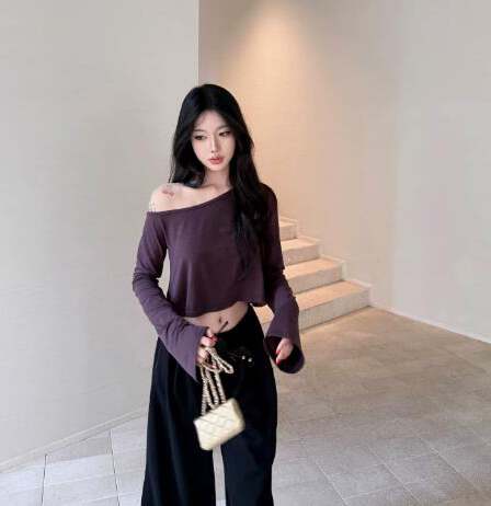 laareetoo 라이 경기 서울 아마 삼색 비스듬한 어깨 긴팔 티셔츠 여성 여름 쇼트 스타일 맨위 슬림해 보이는 다용도