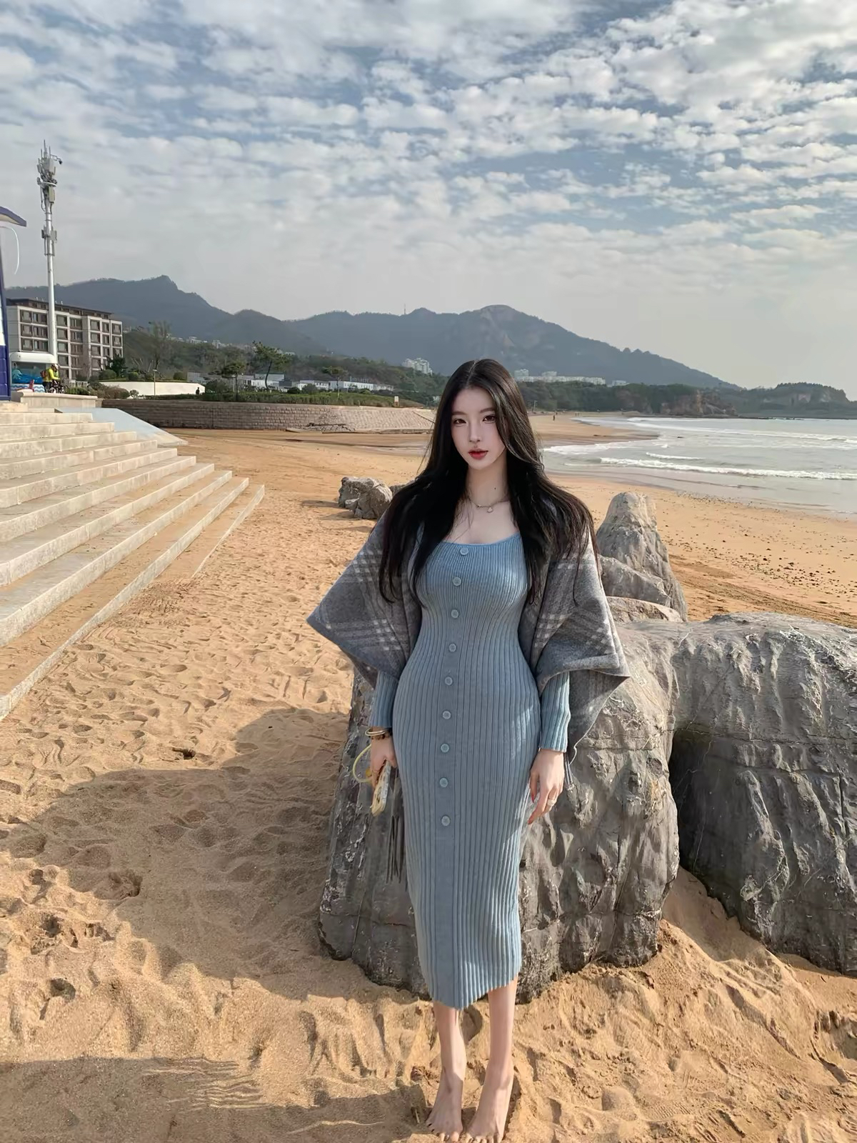 farte shop 안개 바다 诗行 단색 긴팔 니트 여성 드레스 가을 겨울 광장 칼라 몸매 가꾸기 타이트 스커트