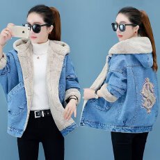 批发加绒加厚连帽牛仔外套女<b class='q'>秋</b>冬装2025年新款宽松慵懒百搭羊羔绒棉衣