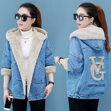 批发加绒加厚连帽牛仔外套女<b class='q'>秋</b>冬装2025年新款宽松慵懒百搭羊羔绒棉衣