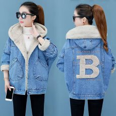 批发加绒加厚连帽牛仔外套女<b class='q'>秋</b>冬装2025年新款宽松慵懒百搭羊羔绒棉衣