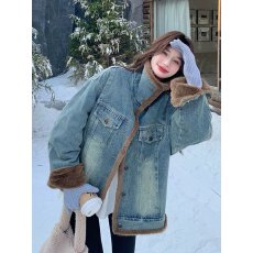 批发时髦复古加绒保暖牛仔短外套女<b class='q'>冬</b>季2025年新款设计感休闲宽松棉服
