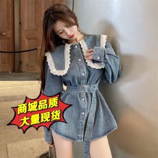 批发法式叠穿翻领蓝色牛仔长袖衬衫女早秋款2026宽松百搭上衣外套