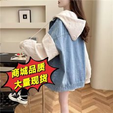 批发牛仔布春<b class='q'>秋</b>新款慵懒风设计感假两件连帽牛仔外套