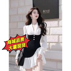 批发超好看白色撞色衬衫<b class='q'>连衣裙</b>女2026早春高端法式收腰<b class='q'>荷叶边</b>气质裙子
