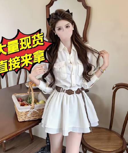 좋은 심장 비스킷 미니멀리즘 우아함 출퇴근 바람 폴로 칼라 셔츠 반팔 여성 드레스 허리 수축 경기 스카프 미니 스커트