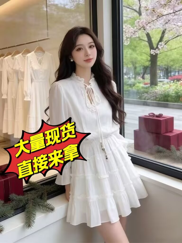 프랑스식 화이트 긴팔 허리 수축 드레스 여성 의류 봄 2025 년 새로운 작은 키 품격 아름다운 길다 치마