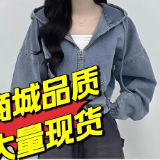 批发韩国chic春季港风气质双拉链宽松休闲百搭短款长袖连帽牛仔外套女