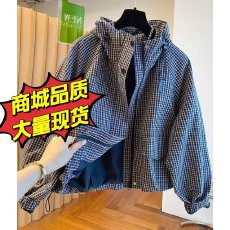 批发高级感薄款连帽格子衬衫女长袖2026新款秋季宽松套头假两件上衣