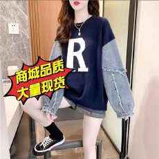 批发毛衣时尚设计感牛仔袖拼接毛衣网红爆款宽松慵懒风女装