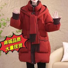 批发轻奢设计感连帽围巾羽绒棉服外套女冬季厚实保暖<b class='q'>中长款</b>红色棉袄子