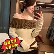 批发2026早秋新款韩版宽松一字肩<b class='q'>荷叶边</b>针织衫女百搭显瘦<b class='q'>毛衣</b>上衣