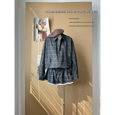 批发Suuuicee 柏林赫塔 复古格纹翻领宽松夹克外套小个子半身短裙套装