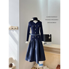 批发气质千金风藏蓝色针织<b class='q'>拼接</b>收腰<b class='q'>连衣裙</b>女秋季高级感时尚绝美礼服裙