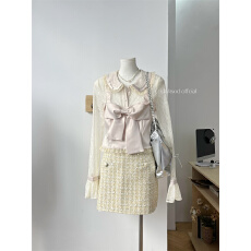 批发迟<b class='q'>伞</b><b class='q'>伞</b>25/fw 绮月小姐 蕾丝蝴蝶结假两件长袖衬衫细闪小香风短<b class='q'>裙</b>