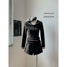 批发时尚学院风海军领长袖针织衫秋冬新款修身显瘦减龄打底衫<b class='q'>包臀</b>短裤