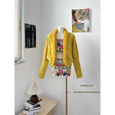 批发韩系<b class='q'>黄色</b>毛领蝙蝠袖毛衣外套女秋冬季加厚慵懒风宽松针织开衫上衣