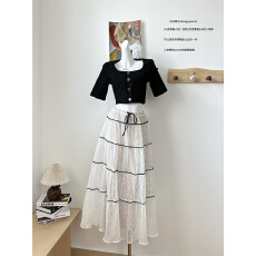 批发小香风粗花呢短袖外套女春季小个子短款上衣蕾丝半身长裙<b class='q'>两件套装</b>